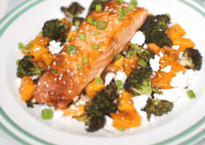 Teriyaki salmon with warm veg salad