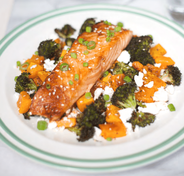 A picture showing Teriyaki salmon with warm veg salad