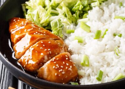 Teriyaki salmon with warm veg salad