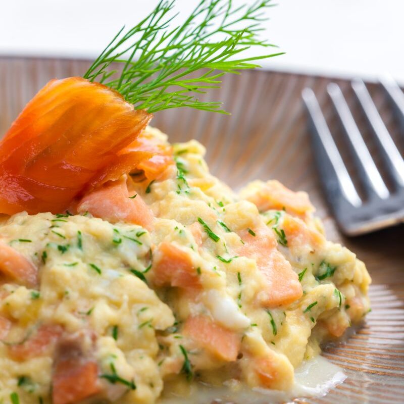 A plate showing Smoked Salmon and Scrambled Eggs