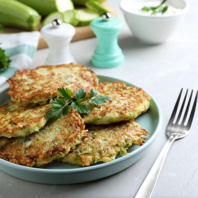 A plate with low FODMAP Courgette Fritters, with a fork. Also yoghurt dip and salt and pepper in the background