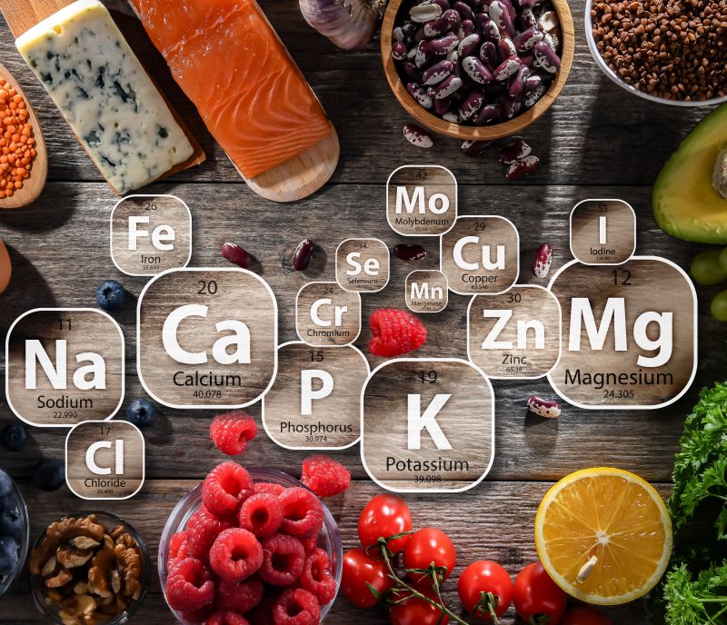An image showing a selection of foods and squares of elements from the Periodic Table