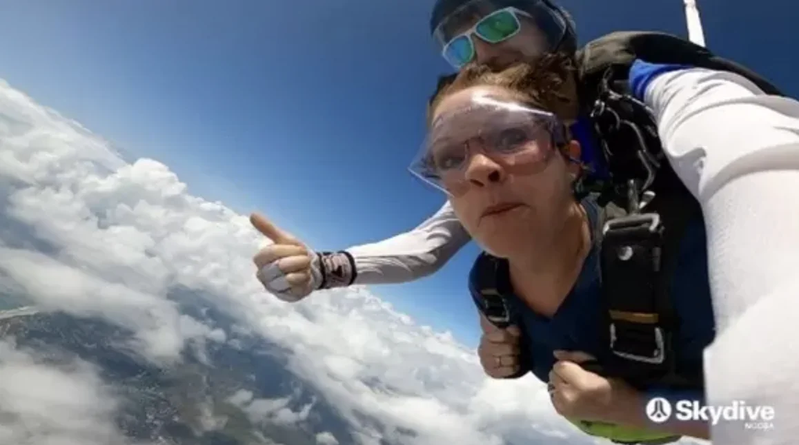 Debra Thomas skydiving — outside of her work as an IBS Dietitian in the UK