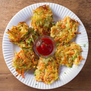 A white plate showing 6 low FODMAP Vegetable Latkes, with a small dish of tomato ketchup in the centre