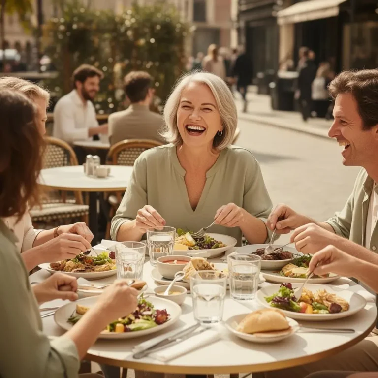 Woman enjoying a relaxed meal with friends after gaining confidence managing IBS symptoms