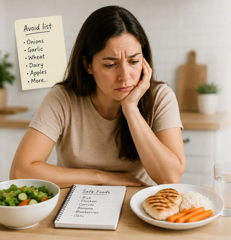 Woman feeling frustrated while following a highly restrictive Low FODMAP diet and limiting her food choices
